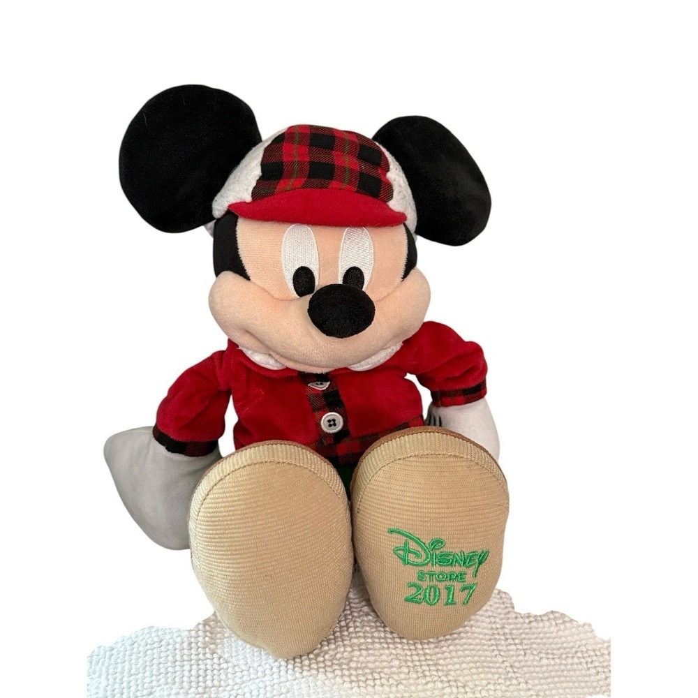 Disney Store 2017 Holiday Mickey‎ Mouse Plush Red Plaid Winter Trapper Hat